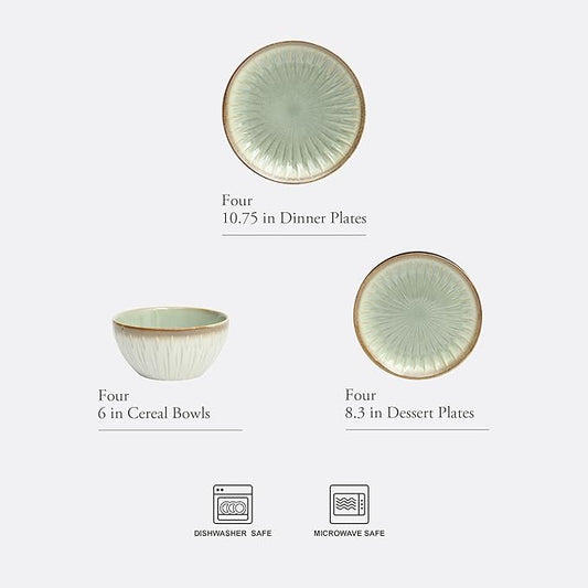 Gibson Elite Trescott Way 12-Piece Reactive Glaze Stoneware Dinnerware Set – Green Plates and Bowls