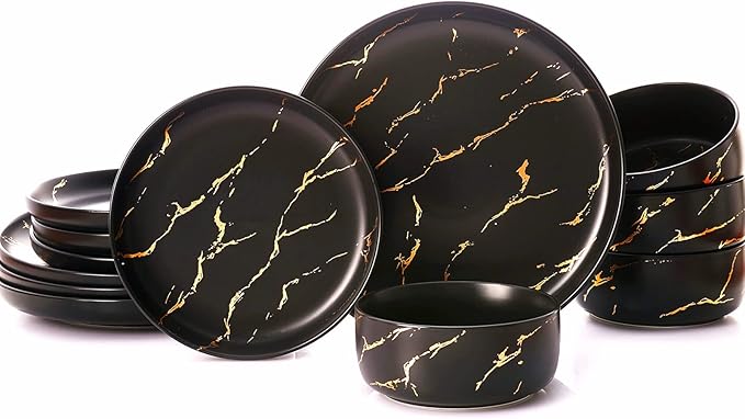 Black Gold Splash Dinnerware Sets, Marble Porcelain Plates and Bowls Sets, Modern Luxury Dish Set for 4, 12 Pieces Fine China Plates Set for Formal Dinners and Anniversaries