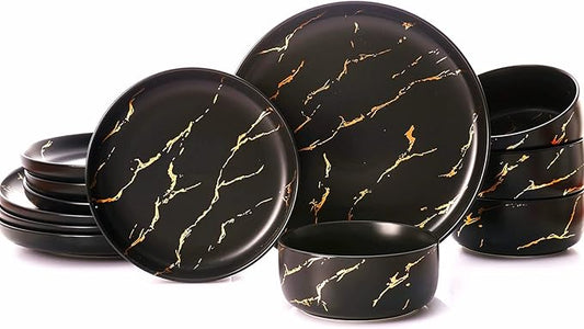 Black Gold Splash Dinnerware Sets, Marble Porcelain Plates and Bowls Sets, Modern Luxury Dish Set for 4, 12 Pieces Fine China Plates Set for Formal Dinners and Anniversaries