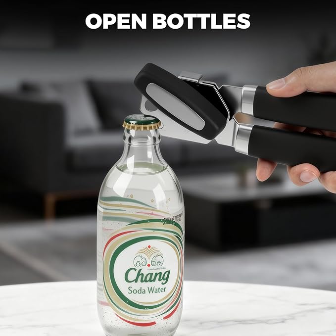 Heavy Duty Smooth Edge Manual Can Opener, Easy Grip Soft Handle with Oversized Turn Knob, Rust-Proof Stainless Steel Kitchen Tool & Bottle Opener, Black
