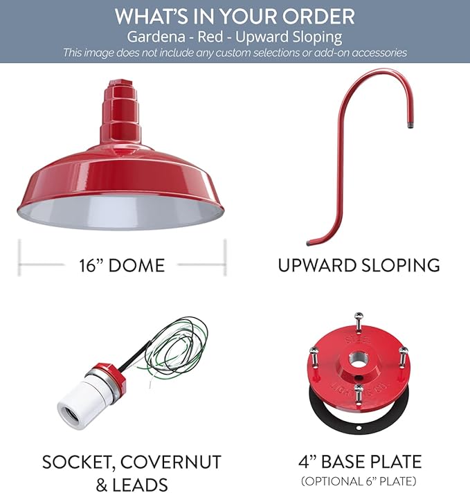 Steel Lighting Co. | Dusk to Dawn | Gardena Barn Light | Outdoor Wall Mounted | 16" Dome | Upslope Gooseneck | Farmhouse Light Made in America | Red Exterior/White Interior