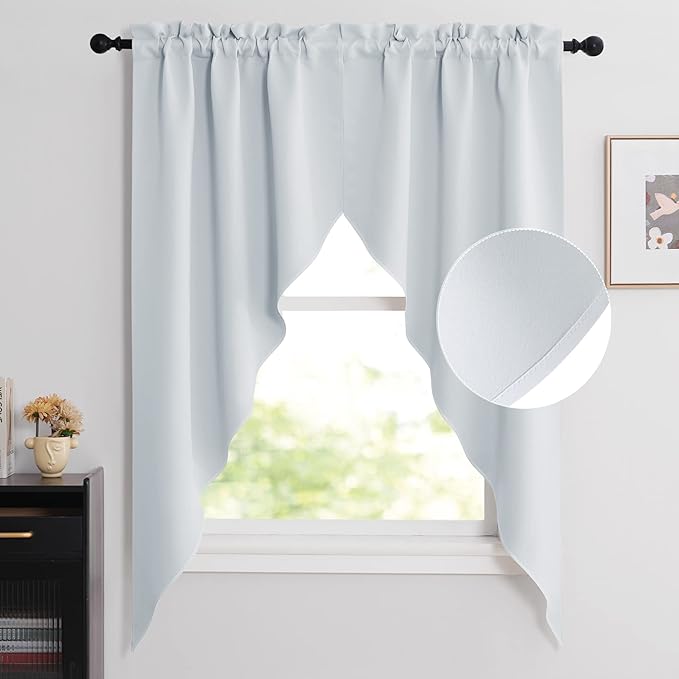 NICETOWN Room Darkening Window Treatments Pole Pocket Kitchen Tier Curtains- Tailored Scalloped Valance/Swags for Bedroom (One Set, W36 X L63 inches Each Panel, Platinum-Greyish White)