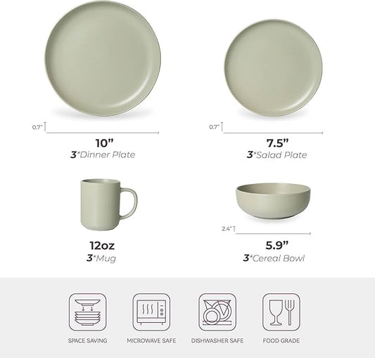 12-Piece Stoneware Dinnerware Set with Mugs | Microwave and Dishwasher Friendly | Stackable Matte Glaze Plates & Bowls | Service for 3 (Green for 3)