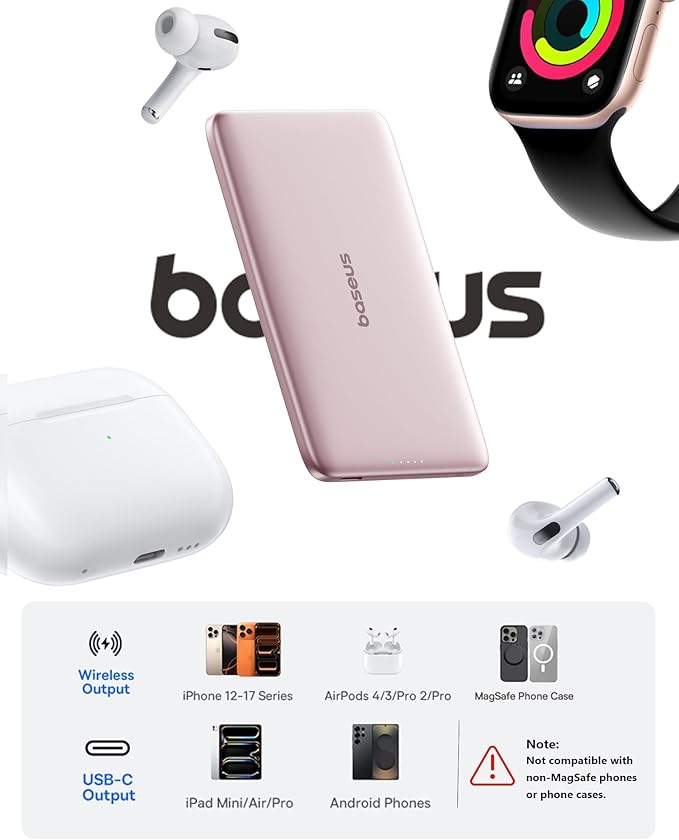 Baseus Picogo Power Bank, 0.3" Ultra Slim 5000mAh MagSafe Portable Charger with USB-C Braided Cable, Card-Size Magnetic Battery Pack, Alloy Wireless Fast Charger for iPhone 16/15/14/13/12, Lightweight
