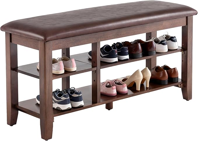 PY HOME & SPORTS Shoe Rack for Entryway 39.4": 2-Tier Shoe Storage Bench, Adjustable/Removable Shelves, Rubberwood Shoe Benches for Hallway, Porch, Bathroom, Brown
