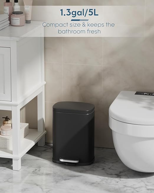 Arlopu 13.2+1.3 Gallon Step Trash Can, Stainless Steel Garbage Bin, Soft-Close Rubbish Bin with Removable Plastic Inner Bucket, Fingerprint-Proof, Lid Dustbin, for Kitchen Home (Black)