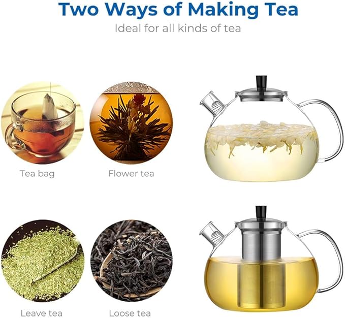 67oz XL Large Glass Teapot with Infuser Stovetop Safe, Tea Pots for Loose Tea Glass, Glass Tea Kettle for Stove Top, Clear Teapot with Strainer for Loose Tea (2000 ml)