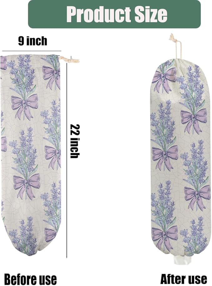 Lavender Plastic Bag Holder, Wall Mount Grocery Bag Holder for Plastic Bags, Bow Tie Washable Large Grocery Bags Storage Dispenser for Home Kitchen Pantry Decor, Purple Gifts for Women Wife Grandma