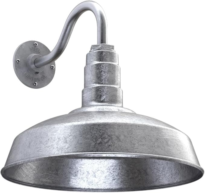Steel Lighting Co. | Dusk to Dawn | Gardena Barn Light | Outdoor Wall Mounted | 16" Dome | 11" Gooseneck | Farmhouse Light Made in America | Galvanized Exterior/Galvanized Interior