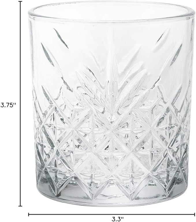 Restaurantware Timeless 12 Ounce Old Fashioned Glasses Set of 6 Etched Whiskey Glasses - Dishwasher-Safe Chip-Resistant Clear Glass Old Fashioned Glassware Lead-Free For Cocktails Or Beverages