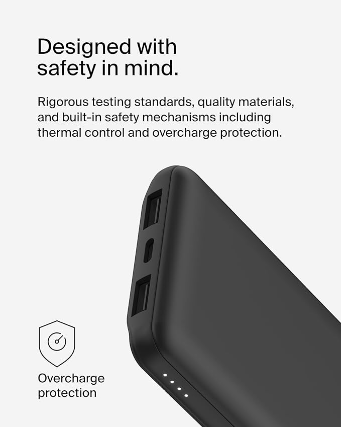 Belkin Portable Charger - 15W 3 Port Power Bank Battery Pack with 10000mAh Battery - Fast Charging for iPhone, Samsung Phone, More - USB C to USB A Cable Included