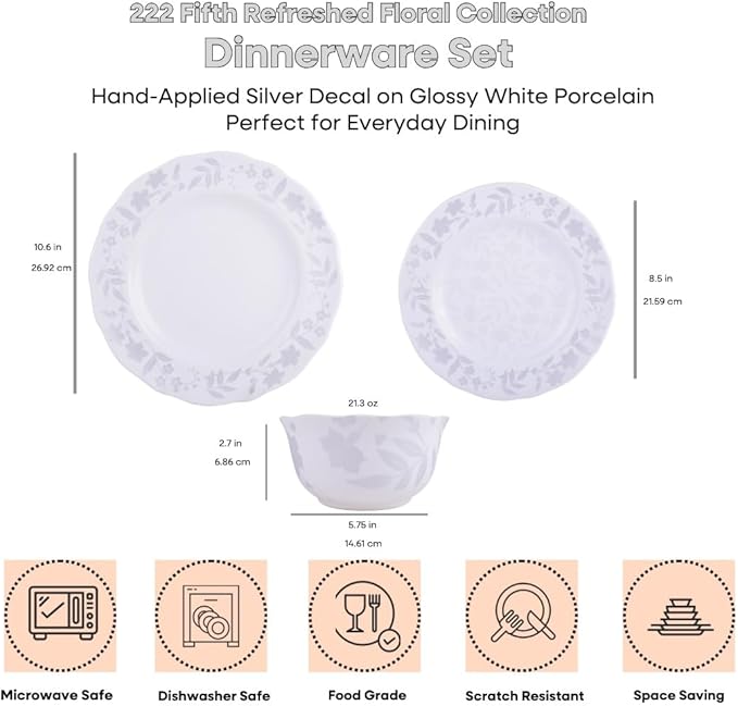 222 Fifth 12-Piece Porcelain Dinnerware Set for 4, Glossy White Plates and Bowls Sets with Silver Flower Pattern, Luxury Ceramic Dish Set, Elegant Kitchen Dishes for Everyday Dining, Refreshed Floral