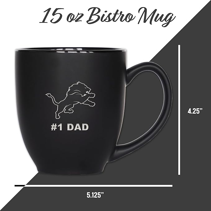 Rico Industries NFL Football #1 Dad 15oz Laser Engraved Matte Black Ceramic Bistro Mug - for Hot or Cold Drinks
