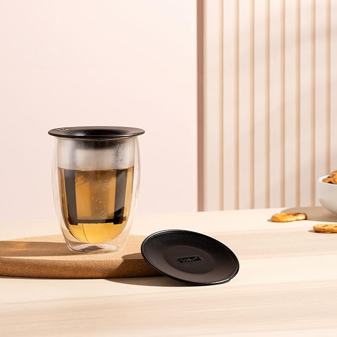 Bodum 12oz Tea Strainer w/Lid, Double Wall, High-Heat Borosilicate Glass, Black (Pack of 4)