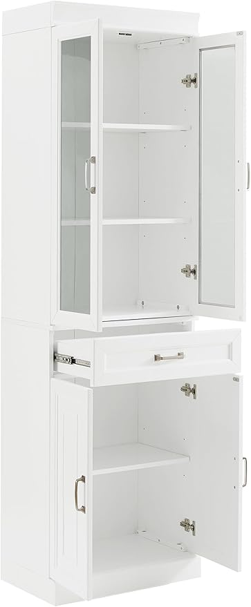 Crosley Furniture Stanton Glass Door Pantry Storage Cabinet with Shelves, Kitchen, Dining, or Laundry Room, White
