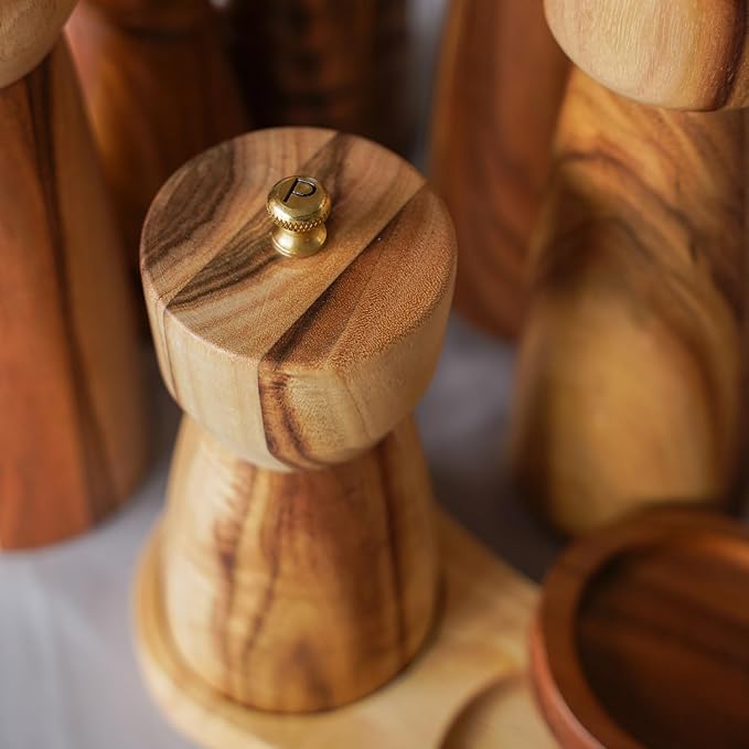 Pepper Grinder, Pepper Mill with Adjustable Stainless Steel, Acacia Wood, 14 cm/5 inch Height, Bottom Dia: 6 cm/2.36 inch (Tray is NOT Included)