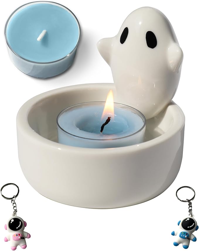 Ghost Candle Holder with Tea Light Candle, Cute Ceramic Ghost Tea Light Candle Holders, Handmade Candlestick, Halloween Decor, Gift for Girls Lovers Women, Scented Candle Included