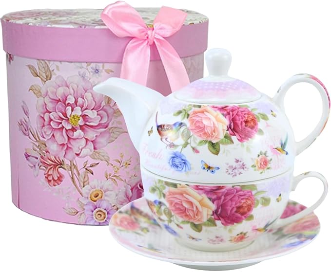 ONEUSTAR Tea for One Set Ceramic Floral Teapot and Cup Saucer Set for Women Mother's Day Birthday Gift in Reusable Handmade Gift Box, Pink
