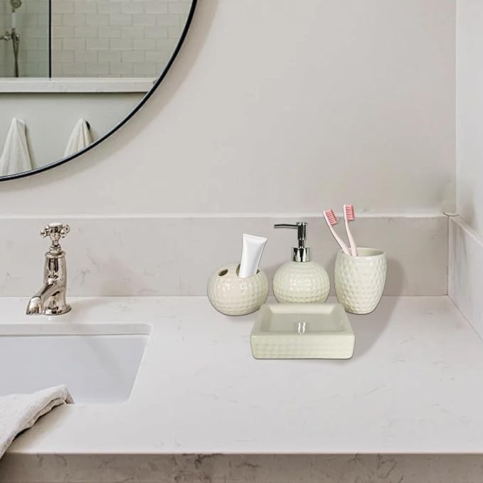4Pcs White Bathroom Accessories Set Engraved Soap Dispenser with Toothbrush Holder & Tumbler & Soap Dish Ceramic Bathroom Accessories Set for Home Hotel