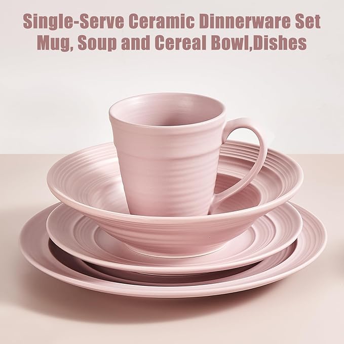 Modern Ceramic Dinnerware Set, 4-Piece, Mug, Bowl and Dinner Plates (Mauve)