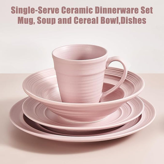 Modern Ceramic Dinnerware Set, 4-Piece, Mug, Bowl and Dinner Plates (Mauve)