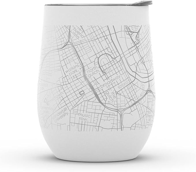 Well Told Engraved Nashville Tennessee Map Insulated Wine Tumbler, Etched Stainless Steel Wine Tumbler (12 oz, White) City Map Insulated Tumbler, Custom Insulated Tumbler, Outdoor Drinkware