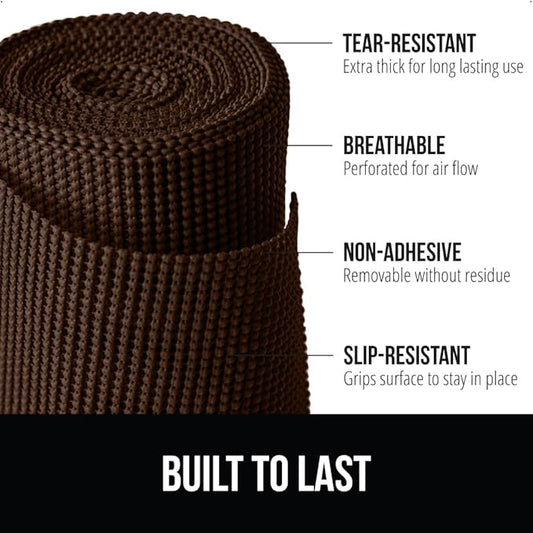 GORILLA GRIP powerGRIP Drawer Shelf and Cabinet Liner, Thick Strong Hold, Non-Adhesive Liners Protect Kitchen Cabinets and Cupboard, Bathroom Drawers, Easy Install, Breathable Mat, 12" x20', Chocolate