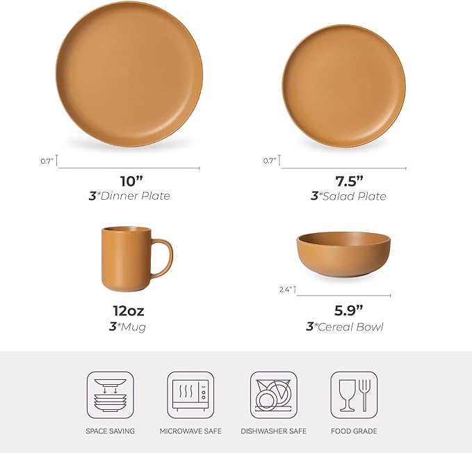 12-Piece Stoneware Dinnerware Set with Mugs | Microwave and Dishwasher Friendly | Stackable Matte Glaze Plates & Bowls | Service for 3 (Orange for 3)