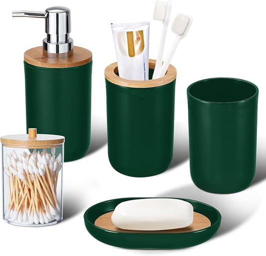 iMucci Bathroom Accessories Set 5Piece Hunter Green Bathroom Sets, Toothbrush Holder, Toothbrush Cup, Lotion Soap Dispenser, Soap Dish and Qtip Holder Bathroom Decor