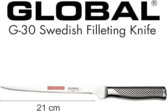 Global 8 inch Flexible Swedish Fillet Knife - Lightweight Japanese Stainless Steel, Razor-Sharp Edge, Made in Japan, G-30
