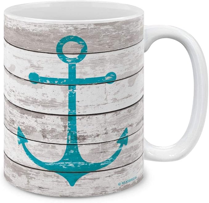 MUGBREW White Rustic Wood Anchor Ceramic Coffee Mug Tea Cup, 11 OZ