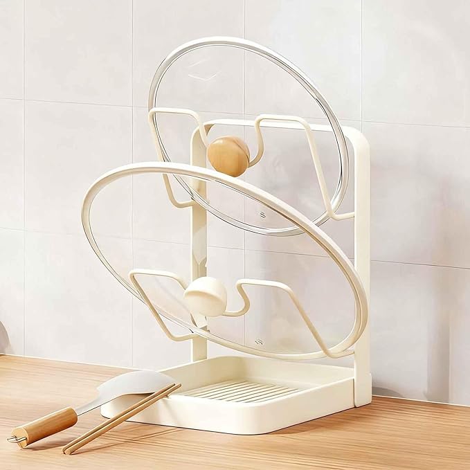 DOTH Kitchen Pot Lid Storage Rack, Stainless Steel Pot Lid Holder While Cooking with Removable Drip Tray, Upright Lid Holder While Cooking for Countertop Organization (White - Double Layer)