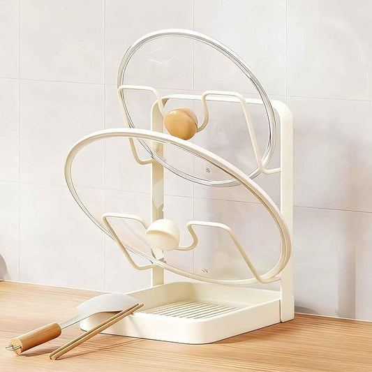 DOTH Kitchen Pot Lid Storage Rack, Stainless Steel Pot Lid Holder While Cooking with Removable Drip Tray, Upright Lid Holder While Cooking for Countertop Organization (White - Double Layer)