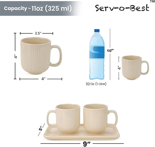 Ceramic Coffee Mugs with Handle Set – 2-Piece 11 Oz Ceramic Coffee Cups & 9" Tray, Handmade Ivory Color, Microwave Safe Gift Set for Tea Lovers, Home Kitchen Décor