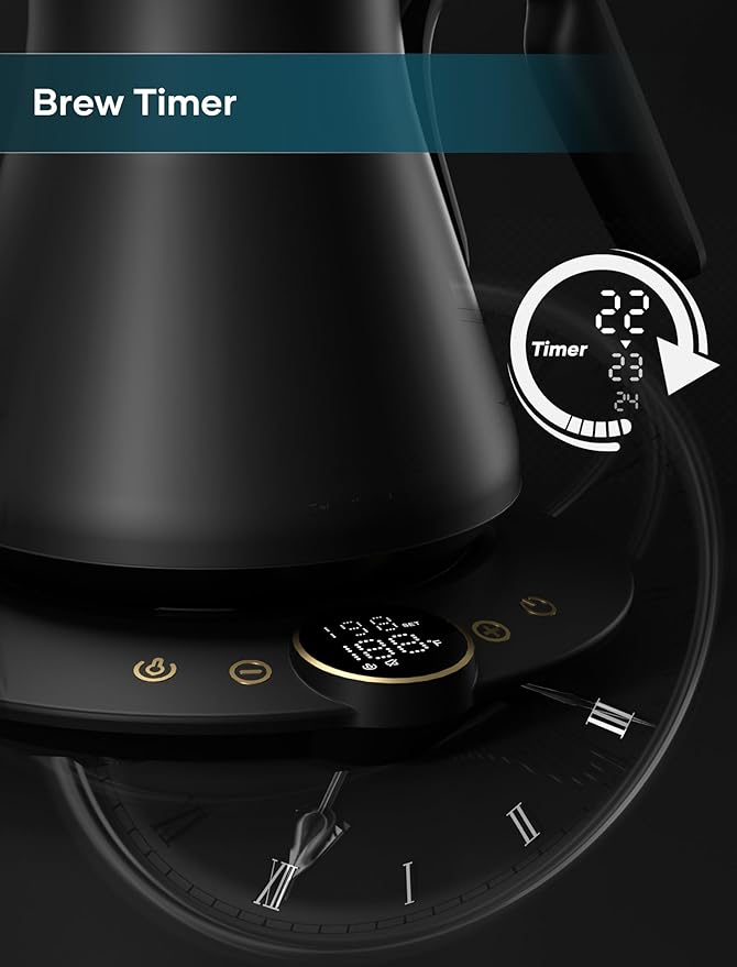 Gooseneck Electric Kettle with ±1℉ Temperature Control for Pour Over Coffee & Tea, Quick Heating, BPA-Free Stainless Steel, Built-in Brew Timer, 1500W/0.9L (Onyx Black)
