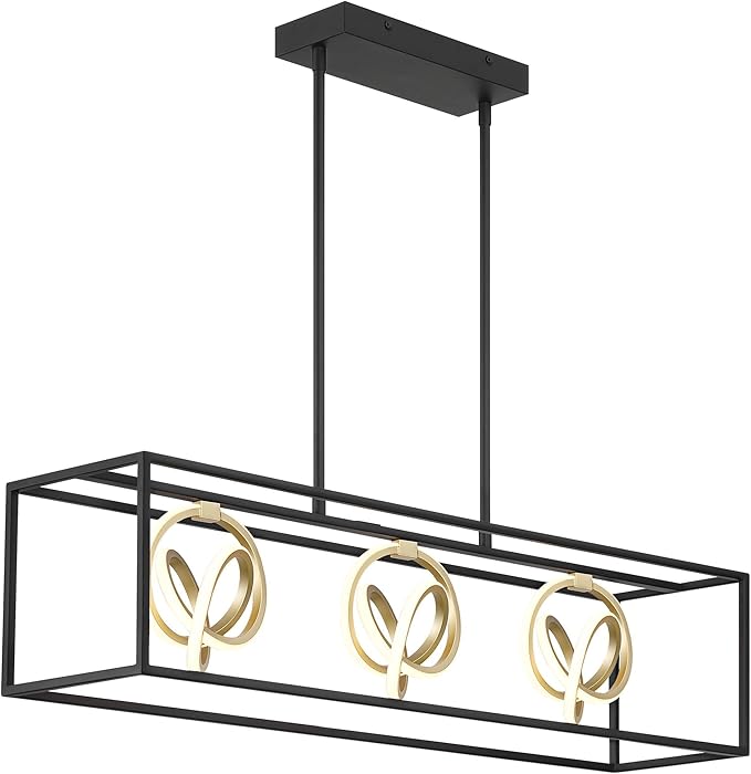 Possini Euro Design Christy 35 1/2" Modern Pendant Chandelier Ceiling Light Fixture Dining Room Over Table Kitchen Island Foyer Hanging Linear 3-Light LED Dimmable Black Gold Metal Hallway Entryway