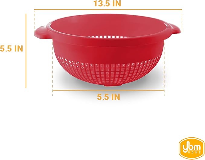 YBM Home Deep Plastic Strainer Colander with Handle – Made of Food Safe BPA-Free Plastic - Durable and Dishwasher Safe - Use for Pasta, Noodles, Spaghetti, Vegetables and More (1, Red)