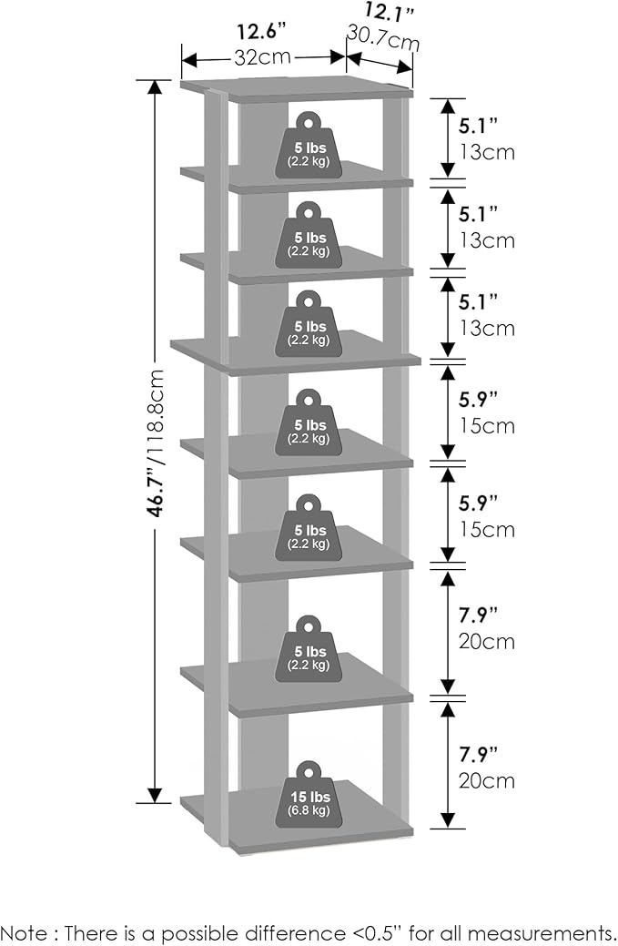 Furinno Turn-N-Tube Corner Shelf, 8-Tier Display Rack, Vertical Corner Storage Rack, Space Saving Organization and Storage, Entryway, Living Room, Closet, White
