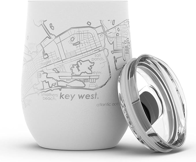 Well Told Engraved Key West Florida Map Insulated Wine Tumbler, Etched Stainless Steel Wine Tumbler (12 oz, White) City Map Insulated Tumbler, Custom Insulated Tumbler, Outdoor Drinkware