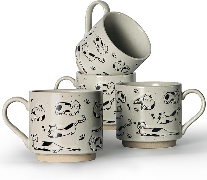 Stackable Coffee Mugs Set of 4, Aesthetic Cute 10 OZ Small Ceramic Espresso Cups Vintage Stoneware Tea Cup for Cappuccino Latte, Cat
