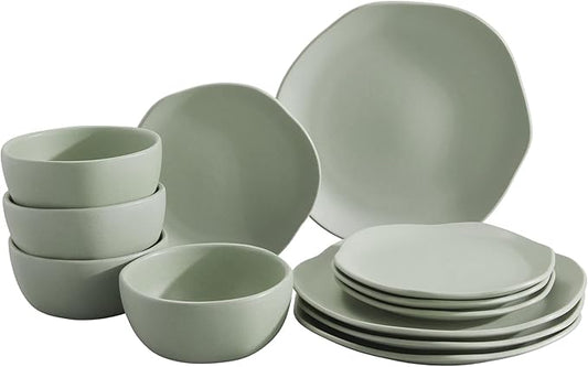 Corona Olivo ceramic dinnerware Set 12–piece, Plates and Bowls, Sets for 4, organic shape, light green.