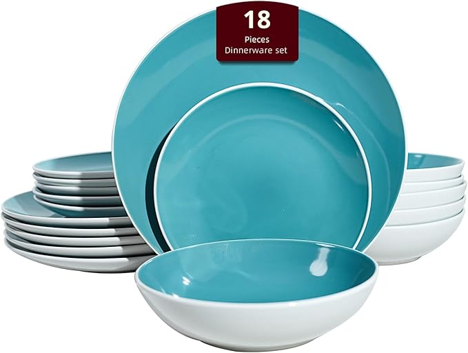 Stoneware Coupe Shape 18pc Dinnerware Set, Outside White + Inside Turquoise