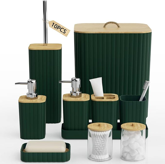 Bathroom Accessories Set - 10PC Bathroom Set, Green Bathroom Set, Bathroom Accessories Set, Toilet Brush, Bathroom Trash Can & Soap Dispenser