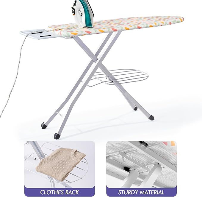 Ironing Board, Heat Resistant Cover Iron Board with Steam Rest, Non-Slip Foldable Ironing Stand. Heavy Sturdy Metal Frame Legs Iron Stand(13 * 34 * 53 Inches) (Geometric White)