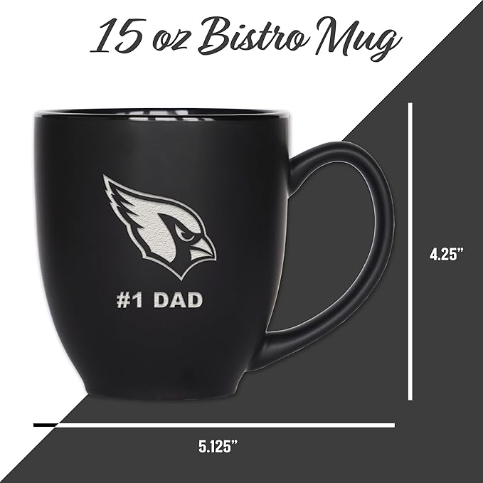 Rico Industries NFL Football #1 Dad 15oz Laser Engraved Matte Black Ceramic Bistro Mug - for Hot or Cold Drinks