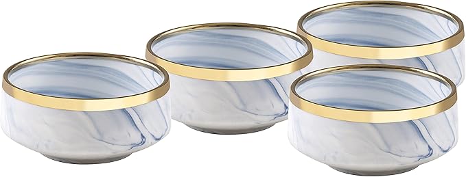 20 Piece Plates and Bowls Sets, Fine China Artisan Marbled Dinner Set for 4, Dishwahser Safe, Scratch Resistant, Blue with Gold Line