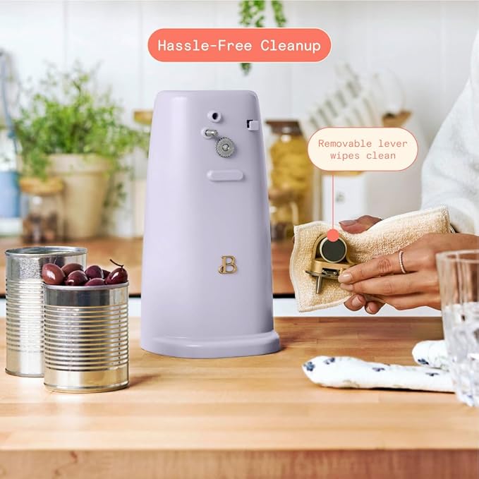 Beautiful Electric Can Opener with Auto-Turn, Magnetic Lid Holder, Knife Sharpener, Bottle Opener, Removable Lever, Cord Storage, No-Tilt Base, Stainless Steel Blade, 70W (Lavender)