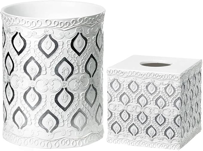 Zahari Home 2pc Monaco Modern Bath Accessories Set Waste Basket & Tissue Box Cover Modern Classic Contemporary Decorative Beautiful Designs Bathroom Decor Set for Home Luxury Bath Set