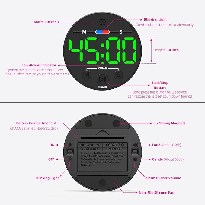 Large LED Digital Timer, Magnetic Countdown Loud Timer for Kitchen Cooking, Classroom Whiteboard, Kids, Toddler, Game, Productivity, Focus, Work, Task, Office, Meeting – Small, Simple, Visual, Green