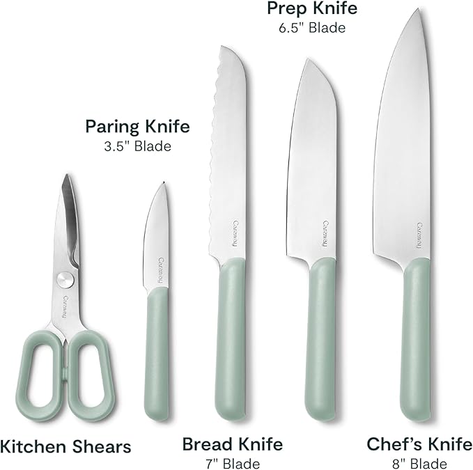 Caraway 5 Piece Knife Set - Premium German Steel Blade Kitchen Knives - Ergonomic Handles - No Microplastics - Mist